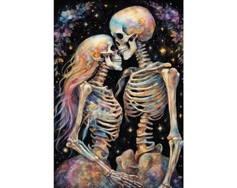 Skeleton Couple Matte Poster, Halloween Wall Art, Gothic Home Decor, Spooky Print, Vertical Halloween Art, Creepy Art Print, Matte Skeleton
