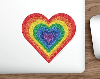 Rainbow Heart Glitter Effect Stickers, Water-Resistant, Retro Style, Cute Die-Cut Decals, Laptop Decals