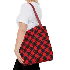 Red and Black Plaid Handbag, Checkered Shopping Bag, Stylish Shoulder Purse, Reusable Canvas Tote