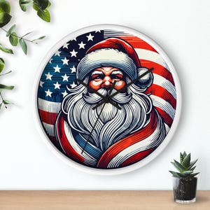 サンタアメリカ国旗サイレント壁掛け時計、クリスマス装飾、愛国的なホリデーギフト、愛国的な時計、アメリカ国旗装飾、ユニークなホリデーギフト