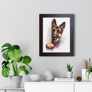 Schattige Duitse herder ingelijste verticale poster, hondenliefhebber woondecoratie, cadeau huisdier, kunst aan de muur schattige dieren, hondenportret