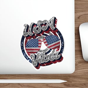 USA Vibes Sparkling Die-Cut Stickers, Sunglasses American Flag, American Pride Decals, Patriotic Car Stickers, Red White and Blue Vinyl
