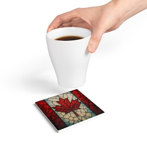 Maple Leaf Canada Ceramic Coaster, Stained Glass Effect, Home Decor, Canadian Gift, Housewarming Coaster Set