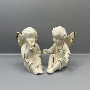 Vintage White & Gold Angel Figurine: Porcelain Angel Holding Bird