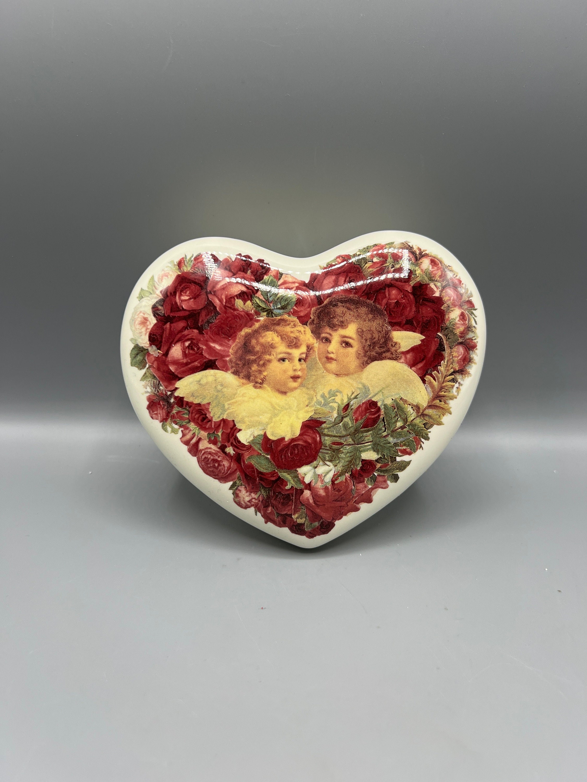 Teleflora Heart Shaped Ceramic Roses Cherubs Angels Trinket