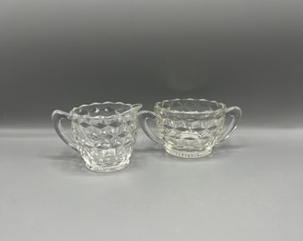 Vintage Whitehall Zuckerdose Milchkännchen Set - Klarglasblock Cube kubistisches Muster - Indiana Glass
