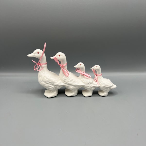 Vintage Dept 56 Ducks Ceramic Figurine with Pink Bows - Geese - Mother Duck with Ducklings