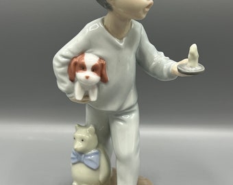 Vintage NAO Lladro Porcelain Figurine: Boy With Candle, Dog