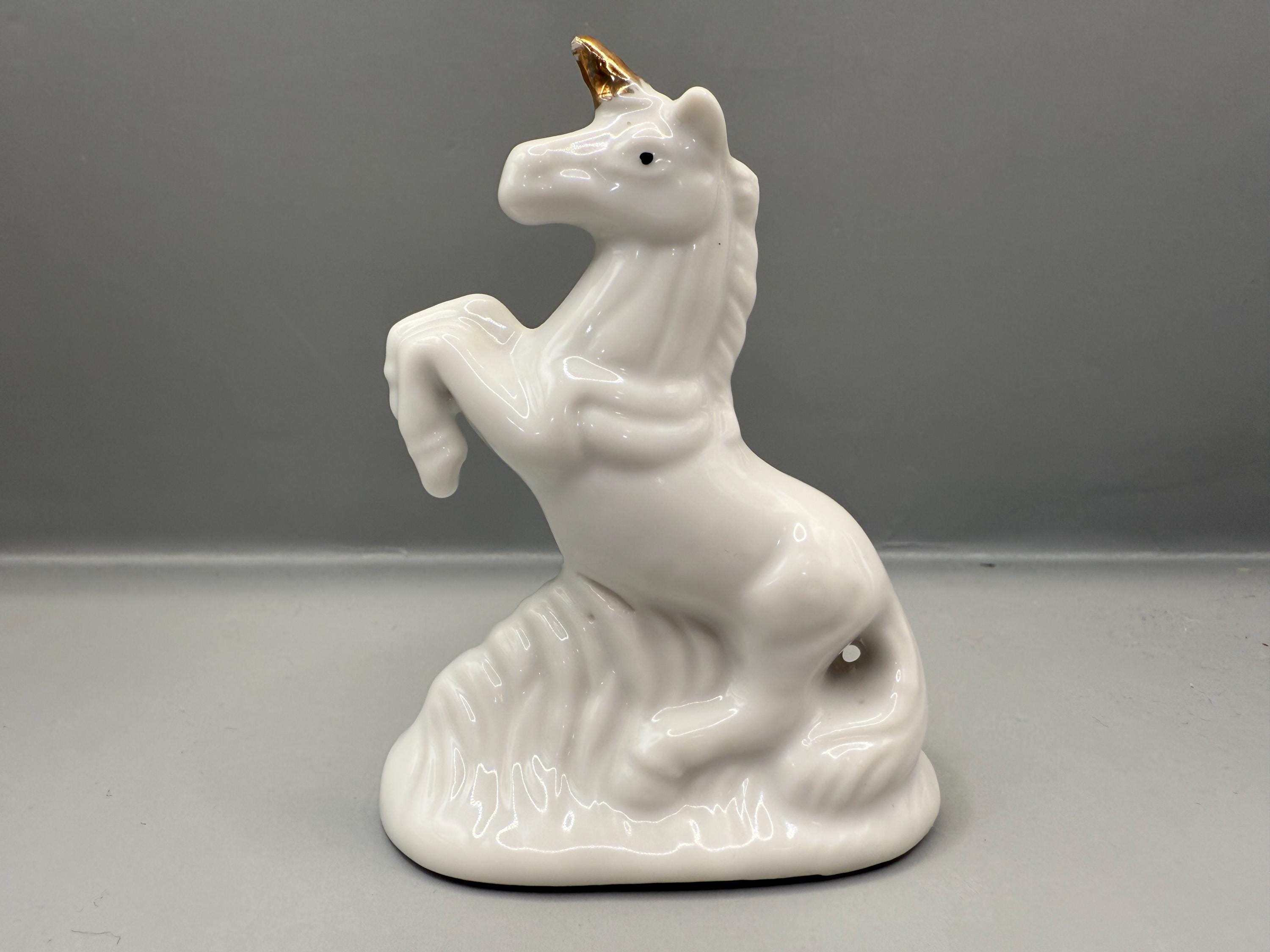 Vintage Unicorn Figurine Ceramic Glossy White With Gold Horn