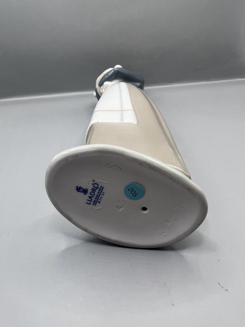 May include: The bottom of a porcelain figurine with a blue and white Lladro logo, the number 45, and the number 205. The figurine is white with a beige and gray dress.