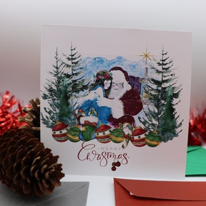 Tarjeta de Navidad - "Feliz Navidad" - única y hecha a mano - Papá Noel y niña con burbujas navideñas