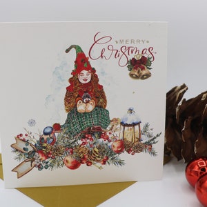Tarjeta de Navidad - "Feliz Navidad" - única y hecha a mano - Ayudante de Papá Noel y erizo