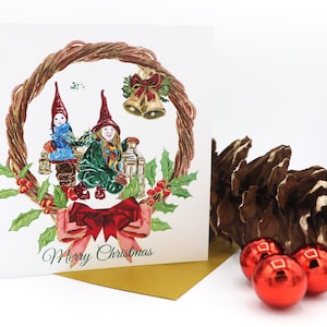 Tarjeta de Navidad - "Feliz Navidad" - única y hecha a mano - Ayudantes de Papá Noel, linternas y campanas