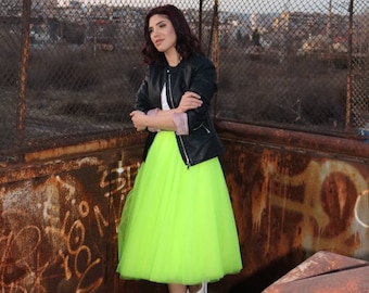 Neon Green Tulle Skirt | Midi 6 Layers Tulle Skirt | Party Outfit | VERNE