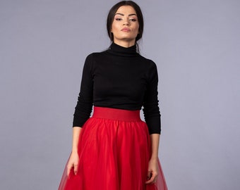 Midi Red Tulle Skirt / Party Tea Red Skirt / Wedding Tea Red Skirt / Bridesmaid Tea Red Skirt / Summer Tea Red Skirt