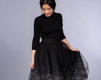 Black Tulle Skirt / Ombre Hand Painted Snowflakes effect Tutu Skirt / Mini Midi Maxi Tulle skirt / Party Outfit black tutu