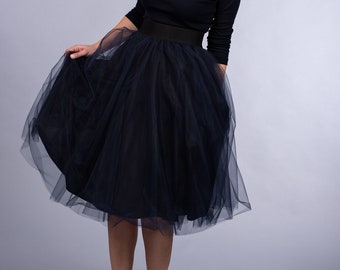 Midi Black Tulle Skirt / Party Tea Black Skirt / Wedding Midi Skirt / Bridesmaid Midi Black Skirt / Summer Midi Black Skirt