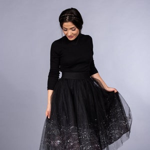 Black Tulle Skirt / Ombre Hand Painted Snowflakes effect Tutu Skirt / Mini Midi Maxi Tulle skirt / Party Outfit black tutu image 1
