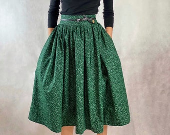 Black Cotton Skirt with Handmade Genuine Leather Belt / Designer Skirt / Green Flowers Skirt / Special Occasion Skirt