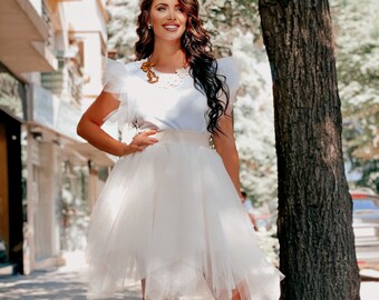 High Low Tulle Skirt: Asymmetrical Ecru Tutu, Party Bridesmaid Skirt, Verne