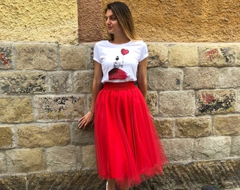 Jupe mi-longue en tulle rouge | Tenue de la Saint-Valentin pour femme | Cadeau Saint Valentin pour elle