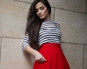 Jupe Midi A-Ligne Monsoon - Motif Géométrique Gris/Rouge - Taille 14 - Coton Doublée - Occasion