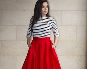 Midi Red Cotton Skirt / Urban Red Skirt / Women's Skirt with Pockets / Streetstyle Daily Skirt