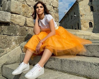 Midi Orange Tulle Skirt / Bridesmaid Orange Skirt / Summer Orange Skirt /