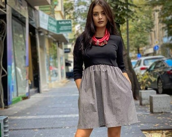 Two Tone Black Checkered Dress / Mini Black Checkered Dress / Short Black Long Sleeves Dress