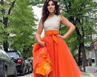 Handmade Tulle Skirt: Layer Yellow, Orange, Red Cotton Base, Verne design tutu