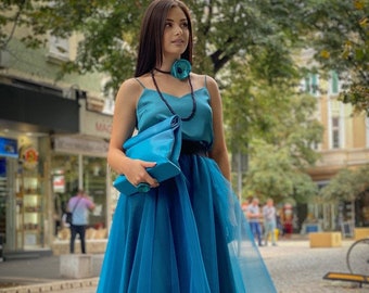 Bluish Green Tulle Skirt: Handmade Cotton Lined Party Skirt, Tutu