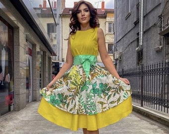 Midi Yellow Dress / Yellow Floral Dress / Spring Dress / Summer Yellow Dress