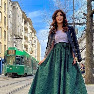 Floral Dark Green Maxi Skirt: Handmade Cotton Wedding Party Skirt, Verne design long gown