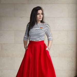 Midi Red Cotton Skirt / Urban Red Skirt / Women's Skirt with Pockets / Streetstyle Daily Skirt image 1