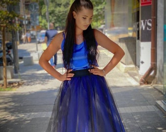 Tea Blue Tulle Skirt / Midi Blue & Black Skirt / Layered  Blue Skirt