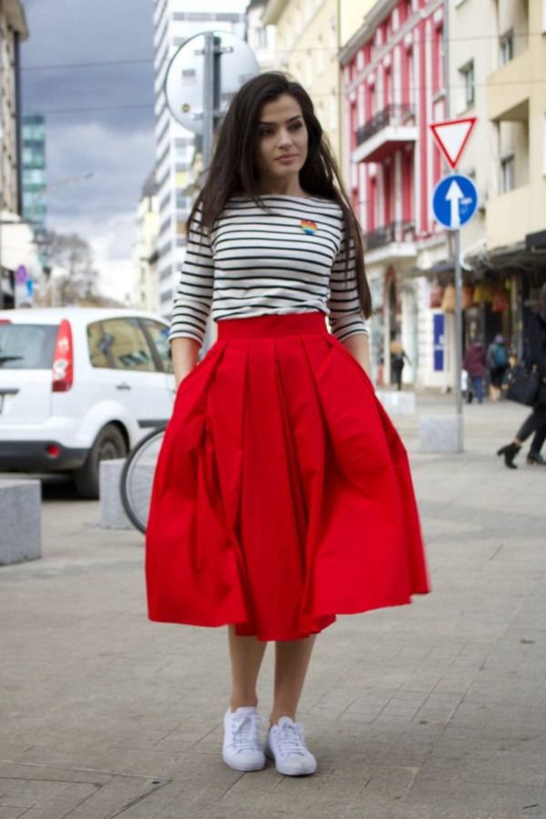 Midi Red Cotton Skirt / Urban Red Skirt / Women's Skirt with Pockets / Streetstyle Daily Skirt image 2