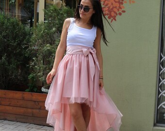 Pink Tulle High Low Skirt: Asymmetrical Party Skirt, Special occasion gown, Designer outfit tutu