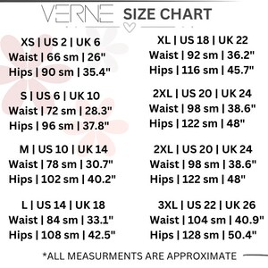 May include: Size chart for women's clothing with measurements in inches and centimetres. The chart shows sizes XS through 3XL with corresponding US, UK, waist, and hip measurements.