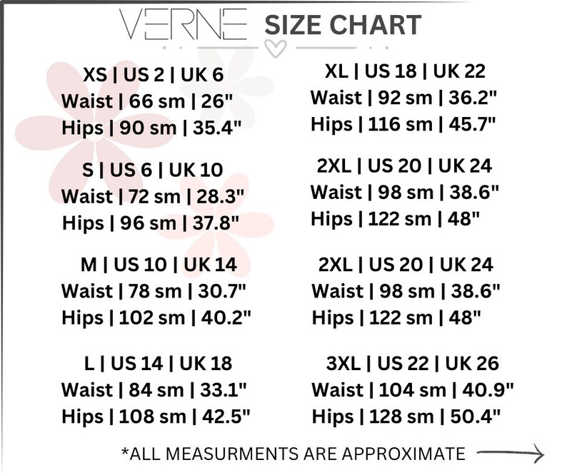 May include: Size chart for women's clothing with measurements in inches and centimetres. The chart shows sizes XS through 3XL with corresponding US, UK, waist, and hip measurements.