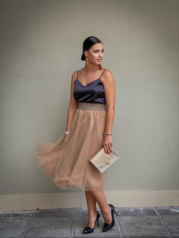 Tul Beige / Falda Midi / Look Oficina Elegante / VERNE - Etsy México