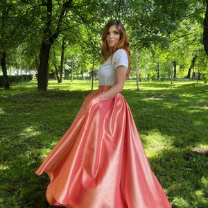 Custom Salmon Taffeta Skirt: Long Party Skirt with Pockets, Verne