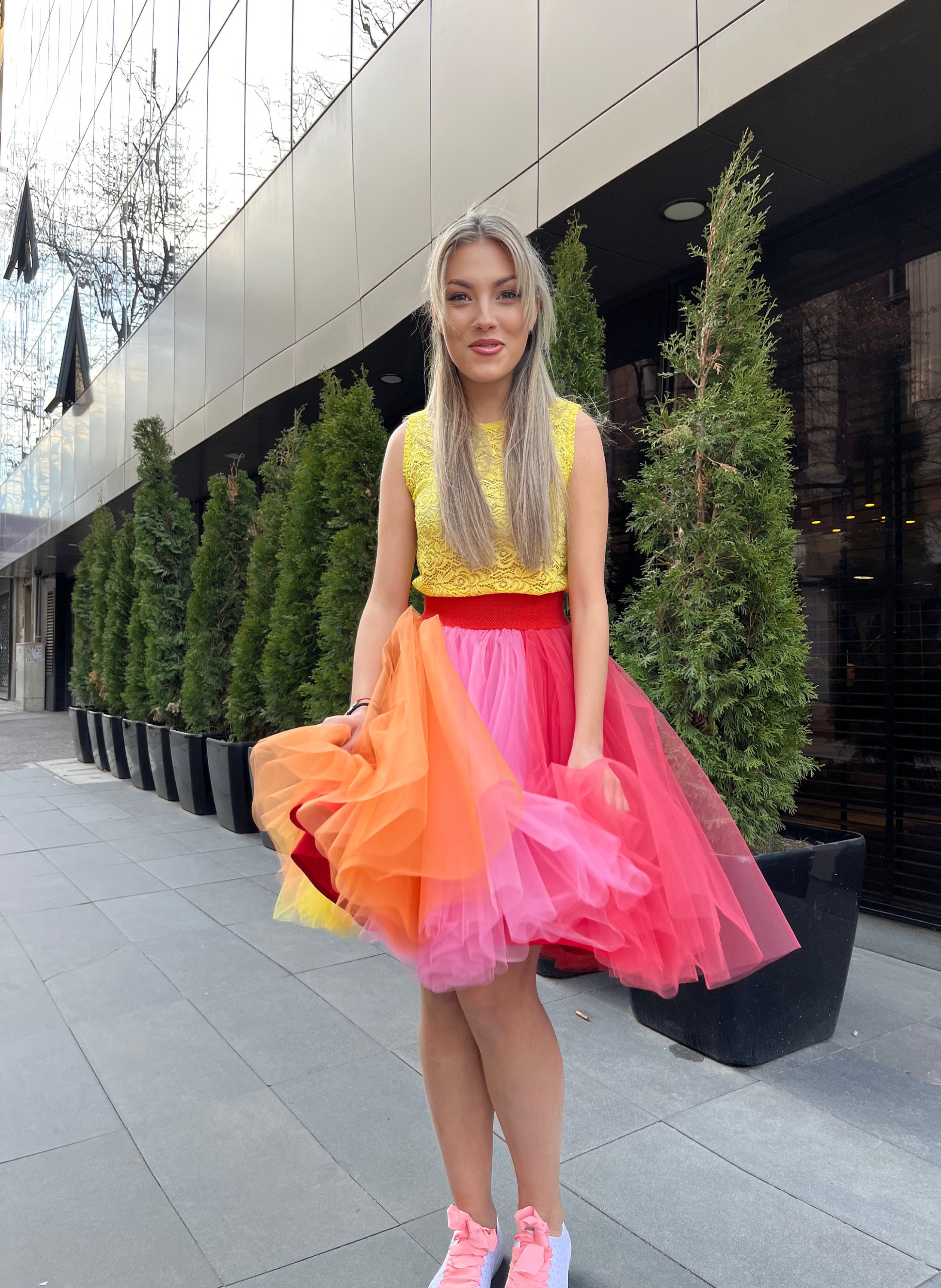 Women's Tulle Tutu Skirt 2023 Fashion Color Block Elastic Ballet Dance  Skirts Casual Layered Rainbow Skirts