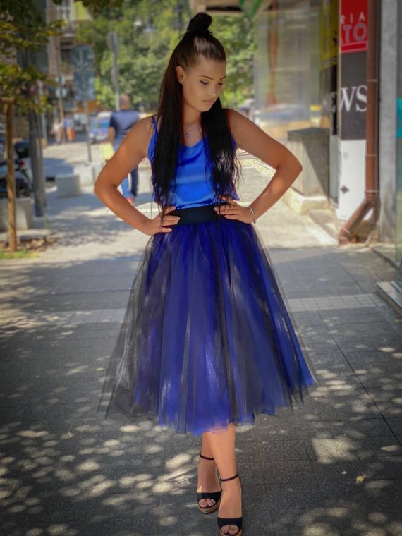 Tea Blue Tulle Skirt / Midi Blue & Black Skirt / Layered Tea Blue Tulle Skirt / Midi Blue & Black Skirt / Layered