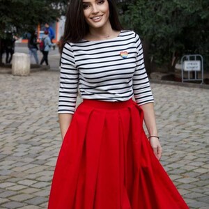 Midi Red Cotton Skirt / Urban Red Skirt / Women's Skirt with Pockets / Streetstyle Daily Skirt image 9