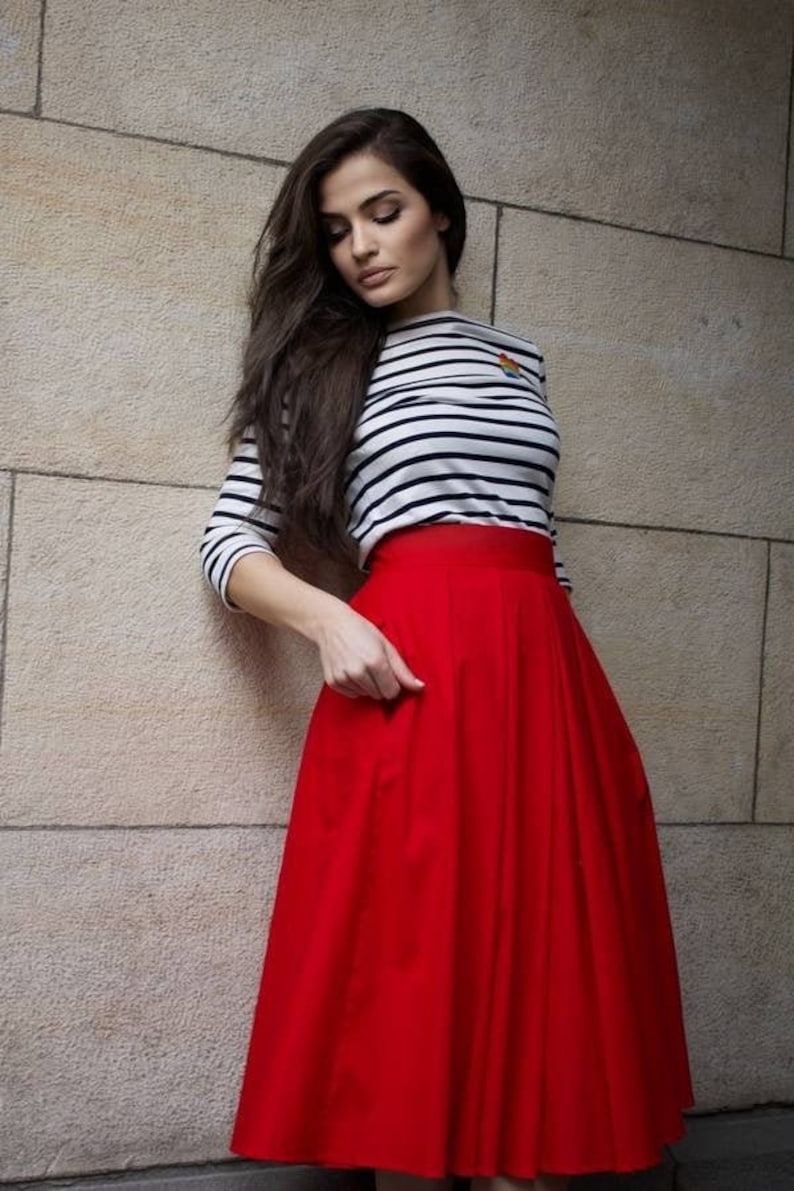 Midi Red Cotton Skirt / Urban Red Skirt / Women's Skirt with Pockets / Streetstyle Daily Skirt image 5