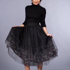 Black Tulle Skirt / Ombre Hand Painted Snowflakes effect Tutu Skirt / Mini Midi Maxi Tulle skirt / Party Outfit black tutu image 2