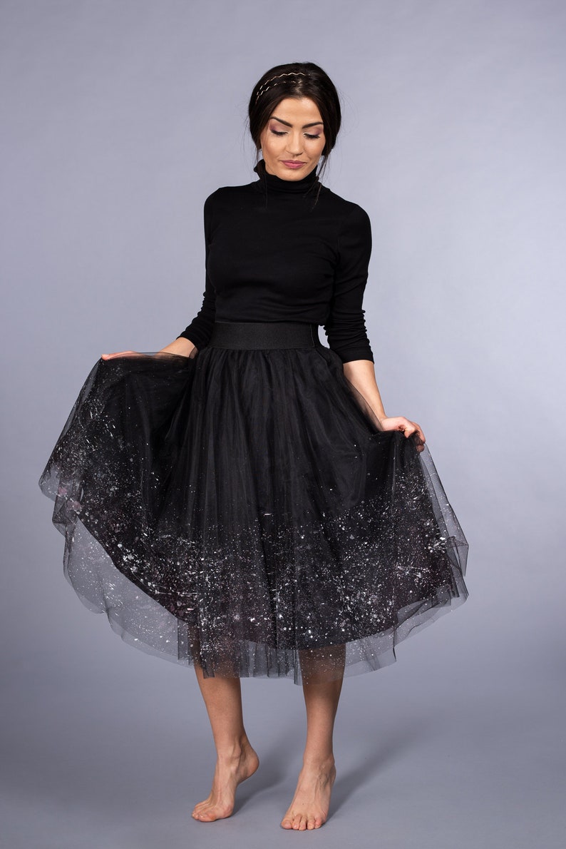 Black Tulle Skirt / Ombre Hand Painted Snowflakes effect Tutu Skirt / Mini Midi Maxi Tulle skirt / Party Outfit black tutu image 2