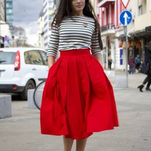 Midi Red Cotton Skirt / Urban Red Skirt / Women's Skirt with Pockets / Streetstyle Daily Skirt image 7