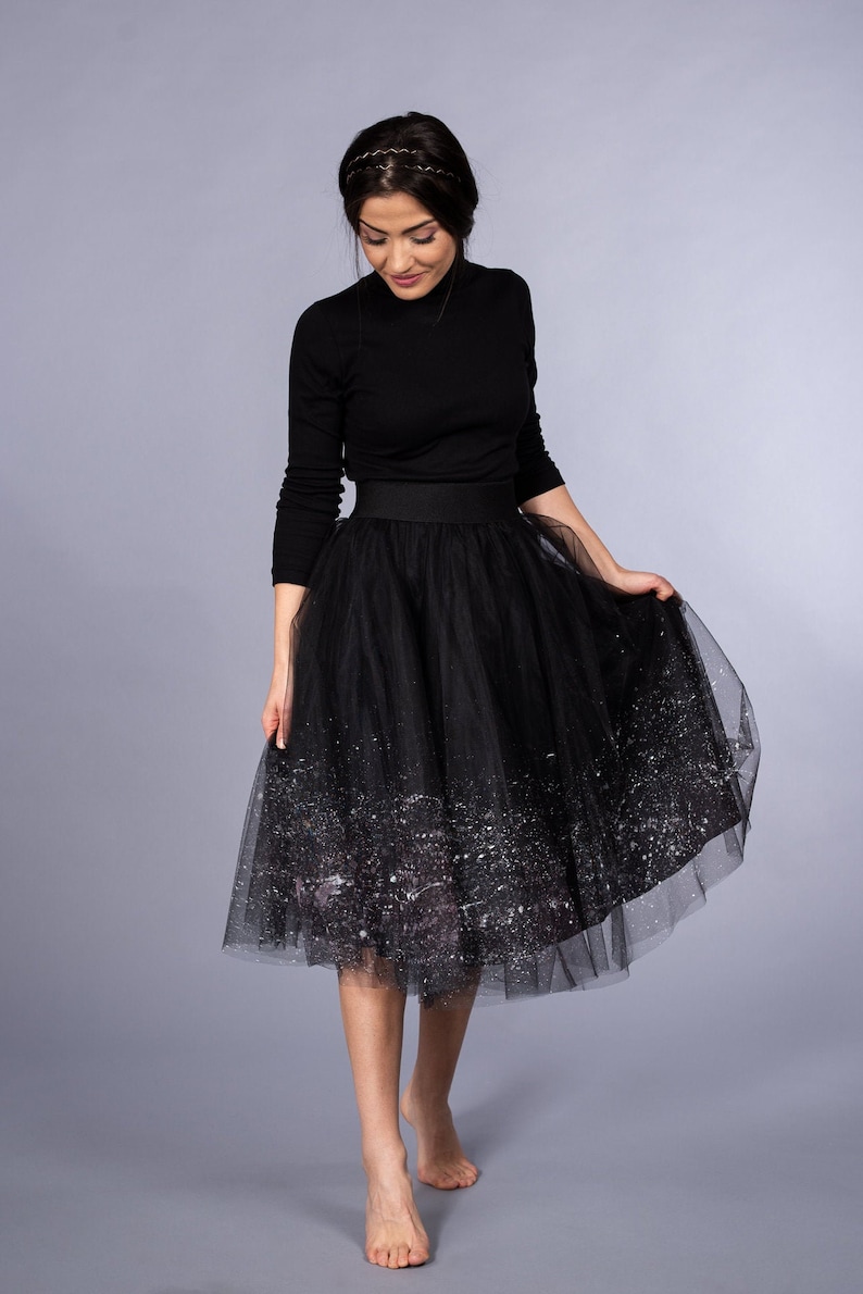 Black Tulle Skirt / Ombre Hand Painted Snowflakes effect Tutu Skirt / Mini Midi Maxi Tulle skirt / Party Outfit black tutu image 1