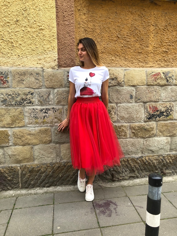 Falda tul rojo midi Traje de San Valentín para mujer / - Etsy México